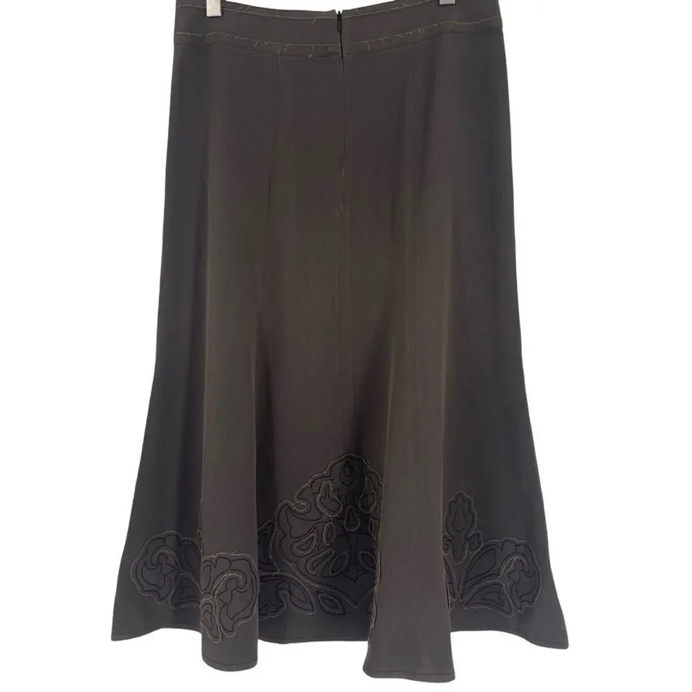 CAbi Brown A-Line Fluted Midi Skirt With Floral Applique Size 4